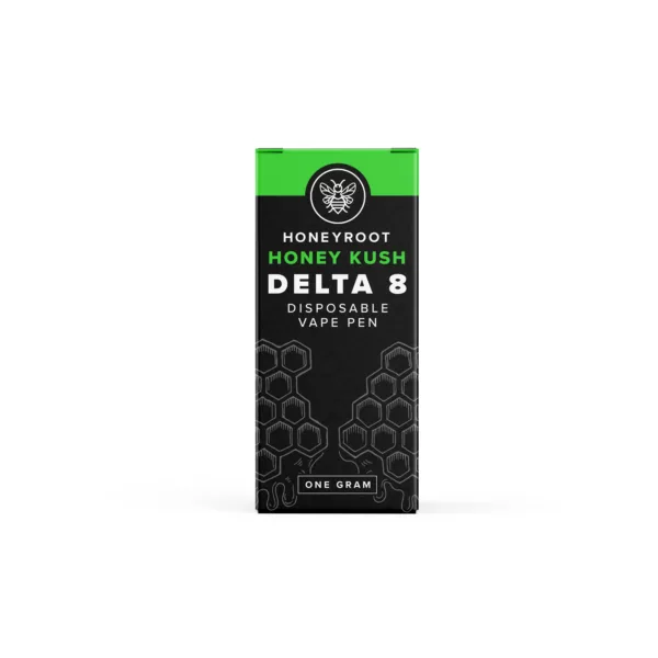 Green and black honeycomb-patterned packaging for Honeyroot Delta 8 supplement, with clear window. Made of plastic.