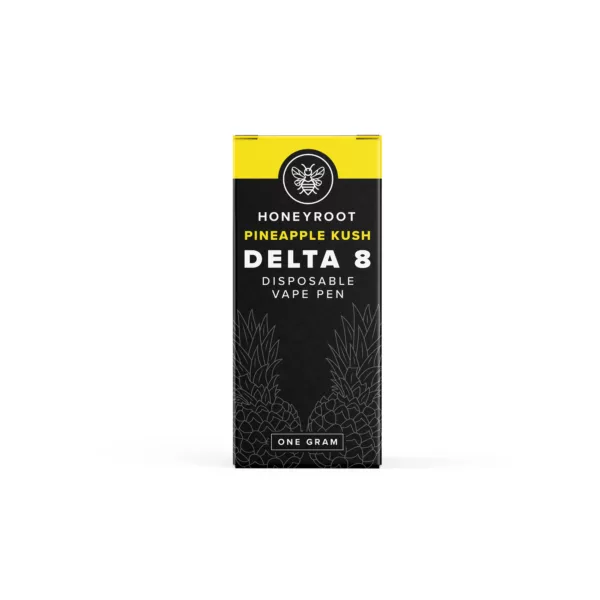Delta 8 disposable vape pens in honeyroot flavor, with modern black and white packaging and a small mouthpiece.