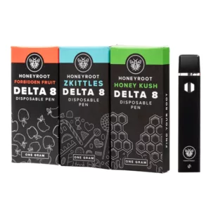 Three black boxes with silver writing on the front, each labeled Delta 8 in white, have different designs: a honey bee, hexagon, and triangle. These are Disposable Delta 8 - Honeyroot e-cigarette kits.