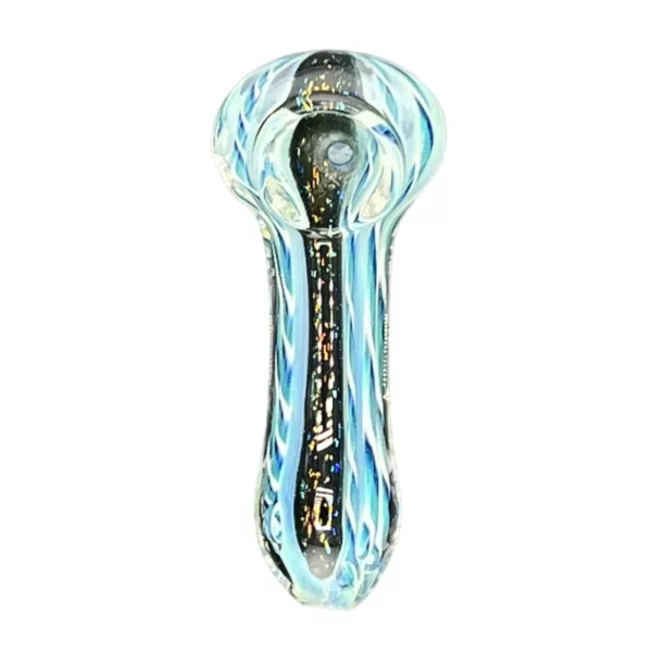 Clear glass pipe with transparent tube, silver metal ring with star-like holes, and spiral design on inner tube.
