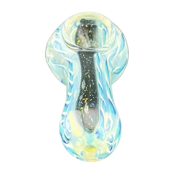 Gold stem, black accents, white base, black and blue swirl pattern on crystal glass pipe with white bowl and blue ring.