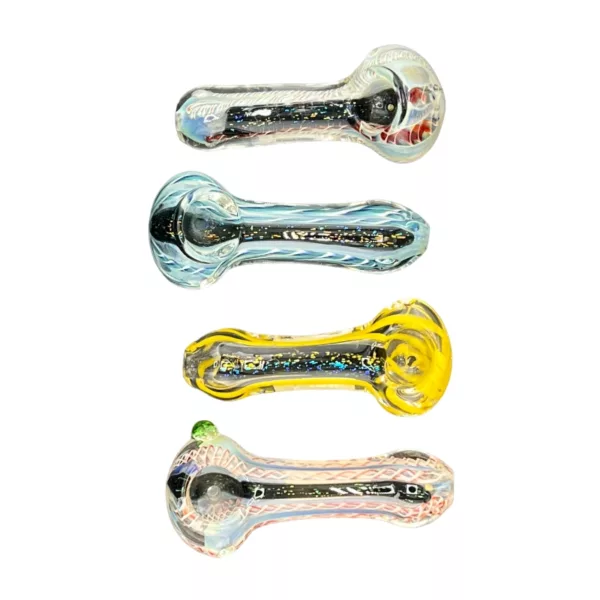 Set of 3 glass pipes in blue, yellow, and clear colors, with different shapes and circular bases connected by a curved stem.