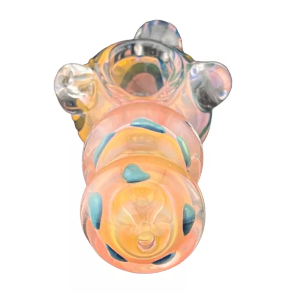 This glass bong has a colorful, swirling design on a clear base and mouthpiece. It has a small, round base and a tapered, curved neck. It is sitting on a white background.