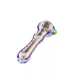 Glass pipe with red, white, and blue stripes, small green light on end. White background. VS64 Black Stripe HP.