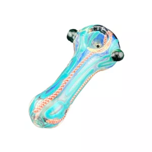 Colorful swirl design on a glass water pipe with red and blue trim.