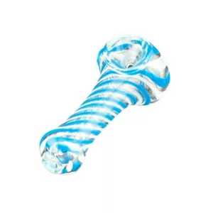 Blue and white striped glass pipe with curved shape and clear base, sitting on white background.