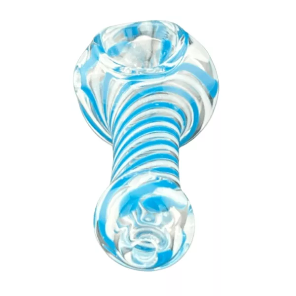 Clear glass pipe with blue and white swirled design on shank, bowl, and stem.