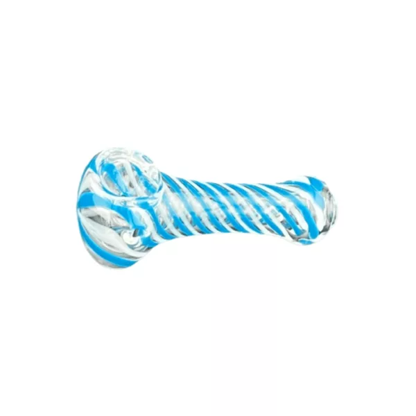 Elegant and sleek blue and white glass bong with a twist design, featuring a clear base and mouthpiece. Small hole in base and clear, blue bowl with swirl design. High-quality craftsmanship.