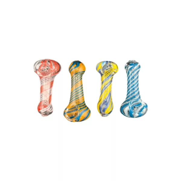 Set of six glass pipes in various colors with swirled design, available for purchase.