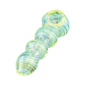 Handcrafted glass pipe with blue, green, and yellow spiral pattern, long stem, and transparent material. #VSXY44