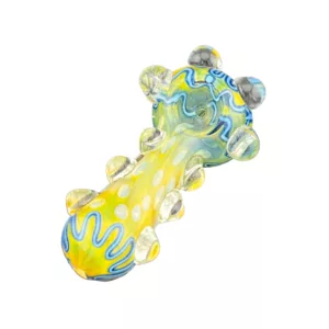 Blue and yellow glass hand pipe with intricate design and curved shape. Small circular hole at end.