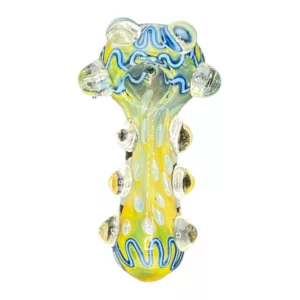 Hand pipe with abstract design, yellow and blue swirling patterns, clear mouthpiece, small chamber for smoke inhalation. Unique and eye-catching.