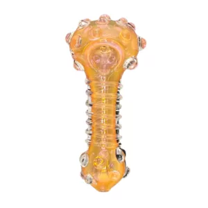 Glass pipe in pink and orange swirl design with clear handle for added grip.