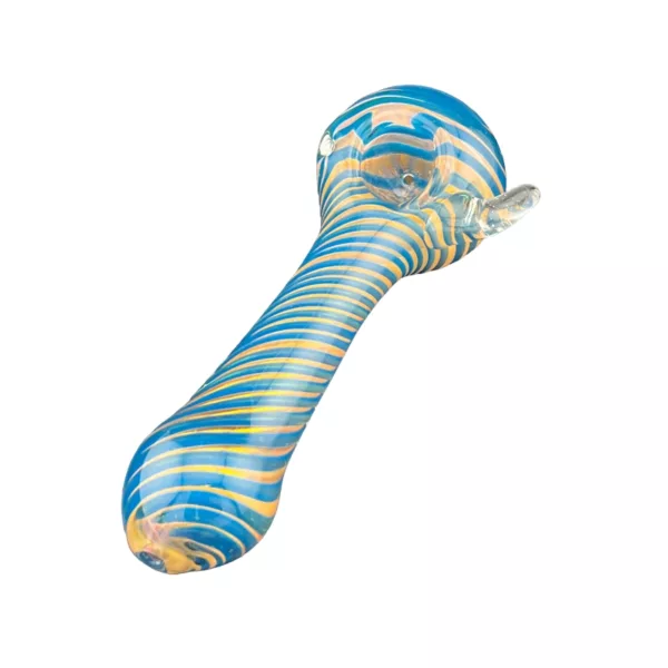 blue and yellow striped glass pipe with a small hole at the end. It is shaped like a curved, elongated tube and is called Midnight Twist HP by VSXY32.