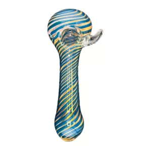 High-quality blue and yellow striped glass pipe with twisted stem and large bubble, suitable for smoking tobacco or other substances.