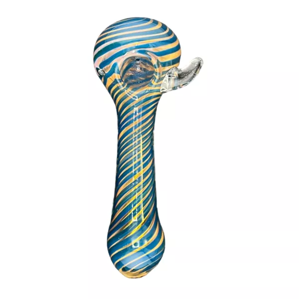 High-quality blue and yellow striped glass pipe with twisted stem and large bubble, suitable for smoking tobacco or other substances.
