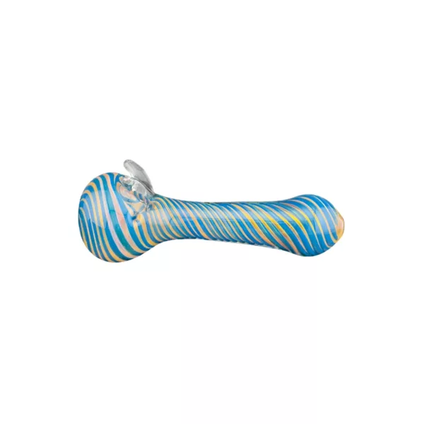 Hand-held glass pipe with blue and white stripes, curved shape, and 'Midnight Twist' text on side.