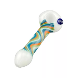 Handmade glass pipe with colorful swirl design in blue, green, and orange. Small, round base and long, curved neck with round mouthpiece. Unique, artistic design.