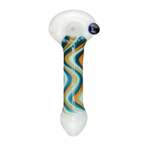 Colorful spiral glass pipe with intricate design in shades of blue, green, and yellow. Smooth surface and small round base. Great addition to any smoking accessory collection.