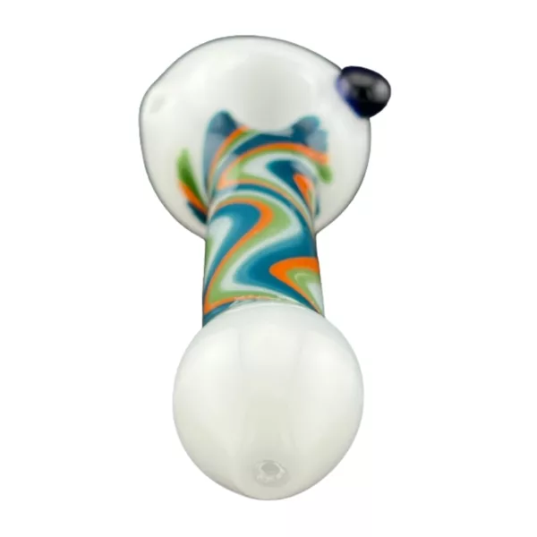 A colorful swirl glass pipe with a white base and a small hole at the end.