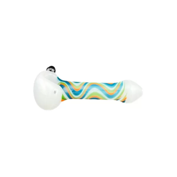 White glass pipe with colorful swirls of blue, green, yellow, and orange.