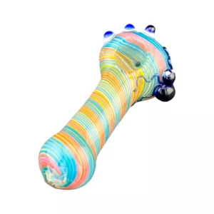 Unique, modern glass pipe with swirling design and vibrant stripes on clear background. Two circular holes and one small hole for a distinct smoking experience.