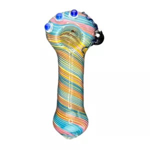 Multicolored swirl glass bong with blue, green, and yellow rings on base and bowl. Handle and large base with grooved area for bowl.
