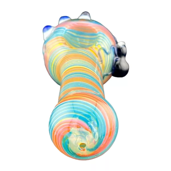 Multi-colored swirl glass pipe with flat base and elongated mouthpiece. VSXY65AC.