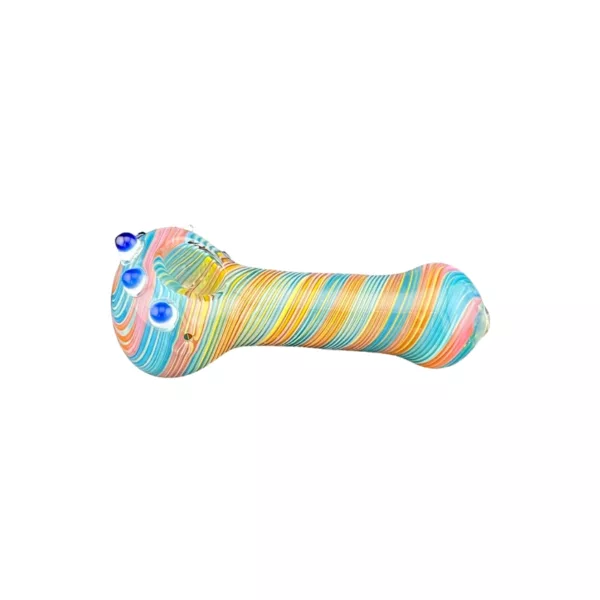 Swirled glass pipe with three eyes design in blue, orange, green, and yellow. Two end holes. #VSXY65AC