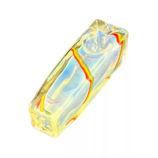 A small, rectangular vase with a clear glass surface and a vibrant, colorful swirled design on the outside.