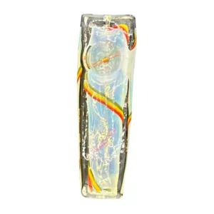 A clear glass vase with a colorful, abstract design in red, yellow, and blue. Curved shape and white background.