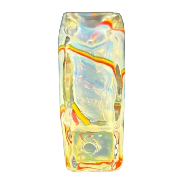 High-quality, transparent glass Rasta Rectangle HP pipe with vibrant orange, red, and yellow swirl pattern and professional look.