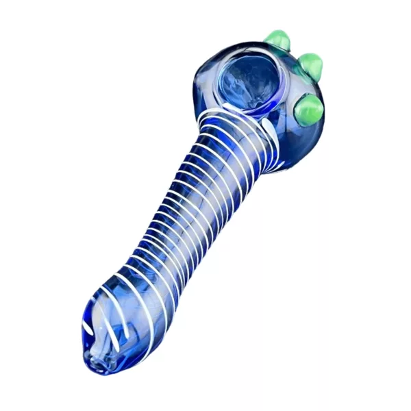 Sleek and modern snake-shaped glass pipe with green stem and blue/green tinted tip.