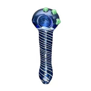 Handcrafted blue glass pipe with spiral design, green marble accents, and polished metal details. Flared bowl and matching ring.