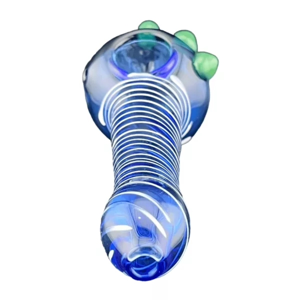 Modern and sleek blue glass pipe with spiral design, clear stem, grooved green bowl, and blue inlay band.