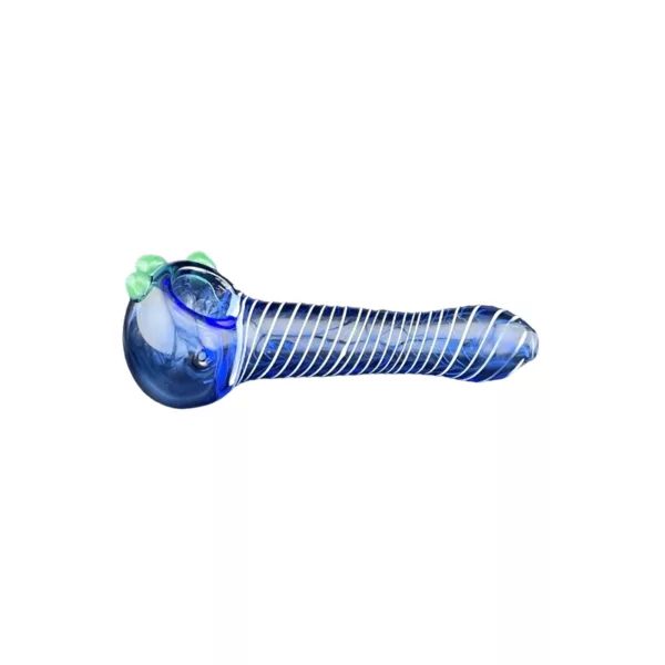 Spiral-shaped hand pipe with white stone and blue glass tube, featuring two circular holes and a pointed tip.