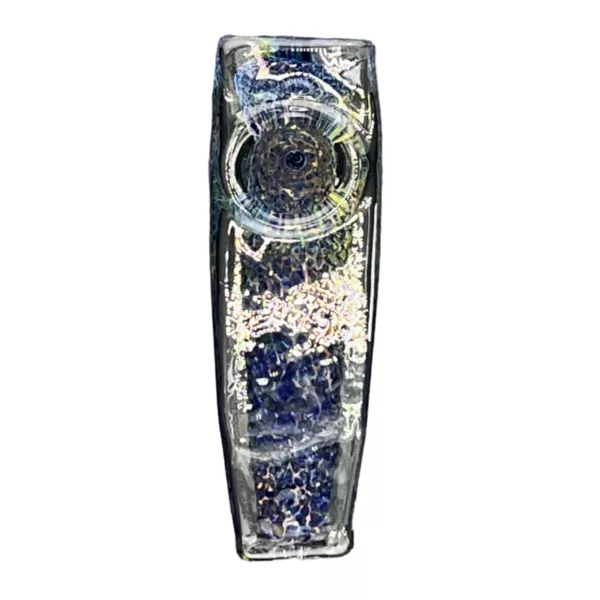 Glass vase filled with blue and white beads, white marbles, and water. Tall and narrow with a curved base and straight top. Slightly canted appearance. Fine bumps on surface.