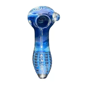 sleek and modern blue glass pipe with a spiral design on the surface, made of clear glass and featuring a small, round base and slightly tapered end.