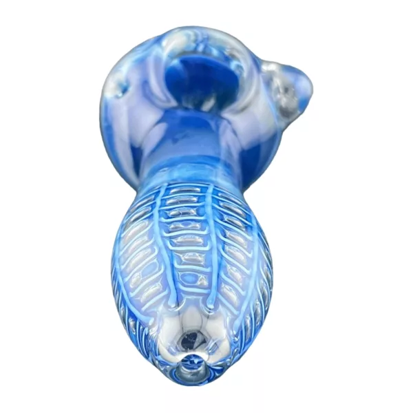 Blue glass pipe with spiral design, handmade and textured surface.