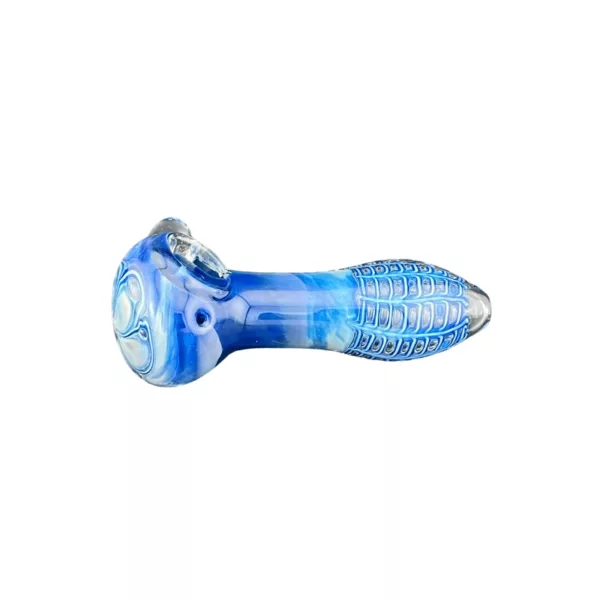 A blue glass pipe with a clear, cylindrical shape and a small, circular base. It has a swirled design and is sitting on a white background.