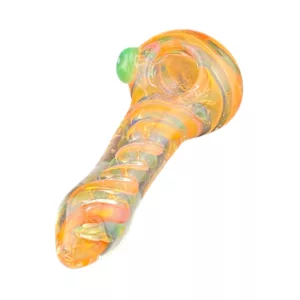 Glass pipe with swirled design and green stem/bowl. Clear glass and white background. Unique and stylish hand pipe.