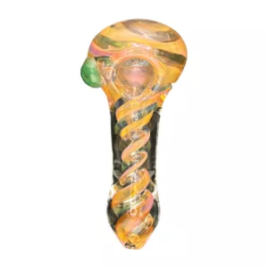 Clear glass pipe with yellow and green spiral design, used for smoking, on white background.