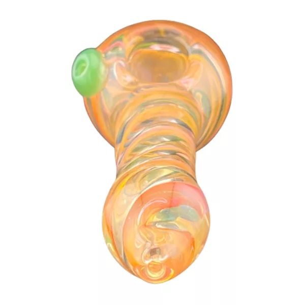 Glass pipe with swirled design and clear glass stem. Attached to a small base with a hole at the top. Sitting on a white background.