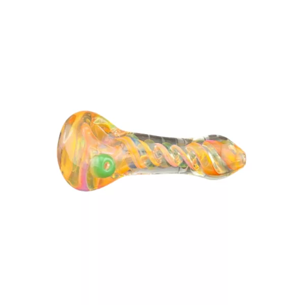 Clear glass pipe with a small, round bowl decorated with a swirled design in shades of orange, yellow, and green. It has a small, round base and mouthpiece and is sitting on a white background.