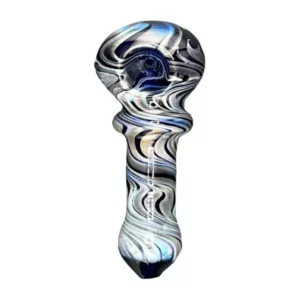 Elegant Ocean Stripe Hand Pipe - VSXY63. Clear glass with intricate blue and white swirl design and modern metal stem.