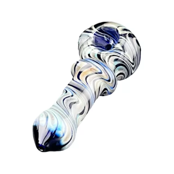Elegant and modern glass pipe with blue and white swirled design. Curved shape, clear glass, small bowl and stem with metal knob. Intricate and detailed swirls.