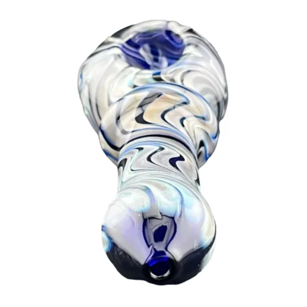 A glass pipe with a blue and white swirled design on the outside is shown on a smoking company website. The pipe has a small, round base and a long, curved neck. It is labeled Ocean Stripe Hand Pipe VSXY63 and is sitting on a white background. The image is of good quality and shows bright, clear colors.