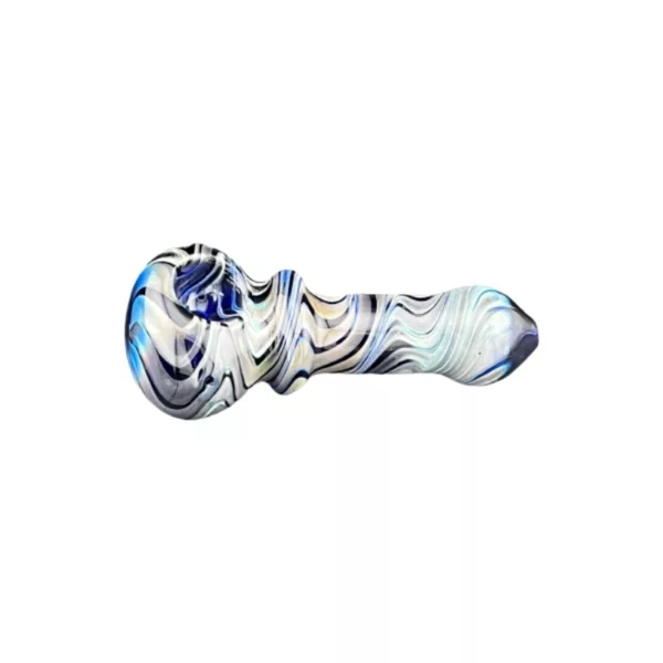 The Ocean Stripe Hand Pipe from VSXY63 is a glass pipe with a blue and white swirled design and two bowls connected by a long tube. It has a small hole at the top and a larger hole at the bottom.