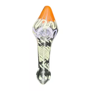 Long, curved glass pipe with colorful flame design, small bowl, and clear base. Perfect for on-the-go smoking.