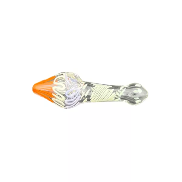 Small, round glass pipe with orange tip and white base on white background.
